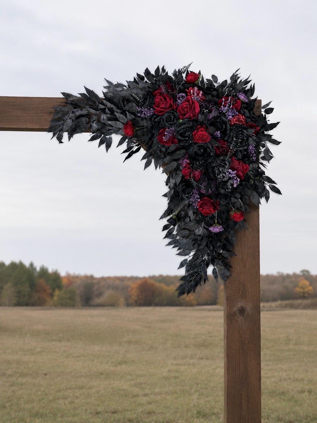 Black Burgundy Purple Arch Arrangements, Wedding Gothic Corner Arch Flowers, Plum Black Arbor Arrangement, Halloween Background Flowers