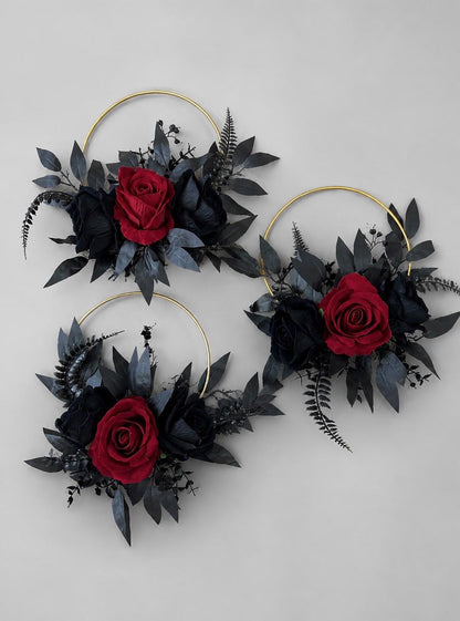 Black Burgundy Floral Hoop, Wedding Bridesmaids Gothic Dark Red Black Hoop, Alternative Bouquet, Moody Floral Ring Bouquet Halloween