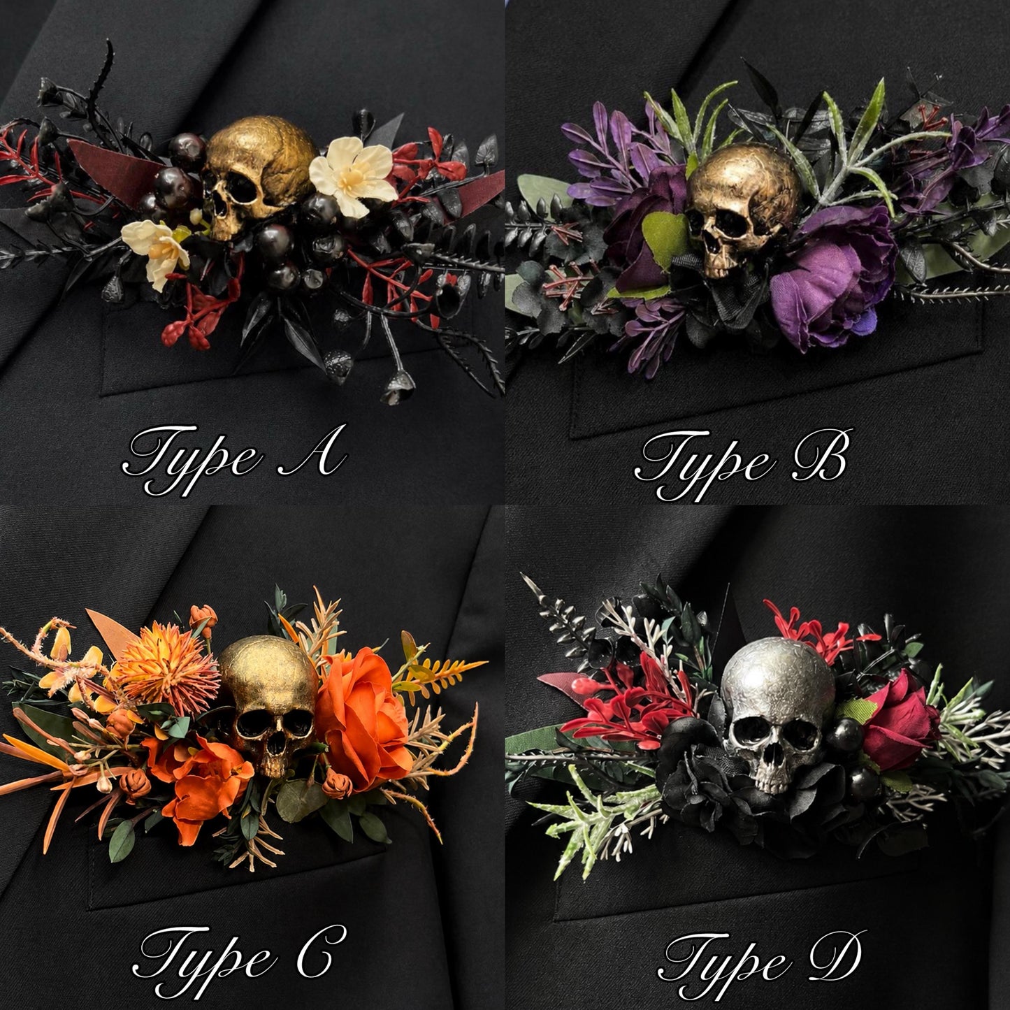 Black Burgundy Skull Pocket Boutonniere, Gothic Floral Wedding Square Boutonniere, Groomsmen Silver Skull Halloween Boutonnière