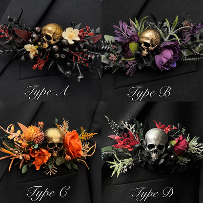 Black Burgundy Skull Pocket Boutonniere, Gothic Floral Wedding Square Boutonniere, Groomsmen Silver Skull Halloween Boutonnière