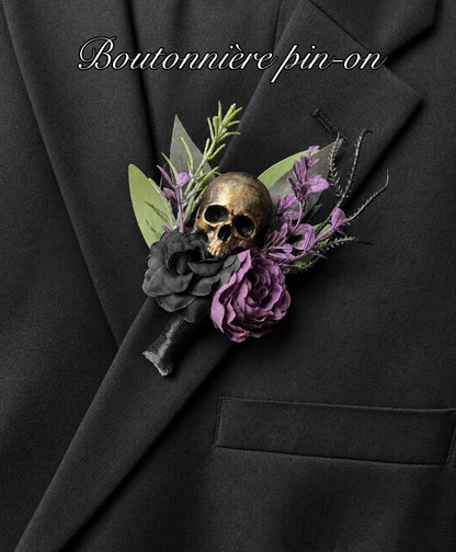Black Burgundy Skull Pocket Boutonniere, Gothic Floral Wedding Square Boutonniere, Groomsmen Silver Skull Halloween Boutonnière