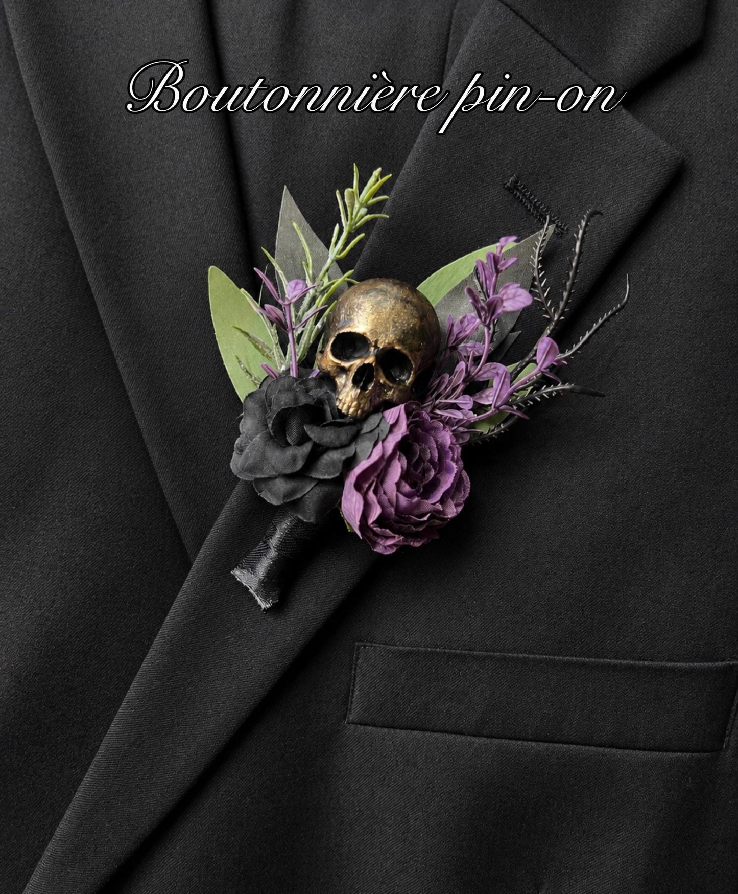 Purple Skull Boutonniere, Gothic Floral Wedding Plum Boutonniere Pin On, Groomsmen Lapel Flower, Black Dark Purple Halloween Buttonhole