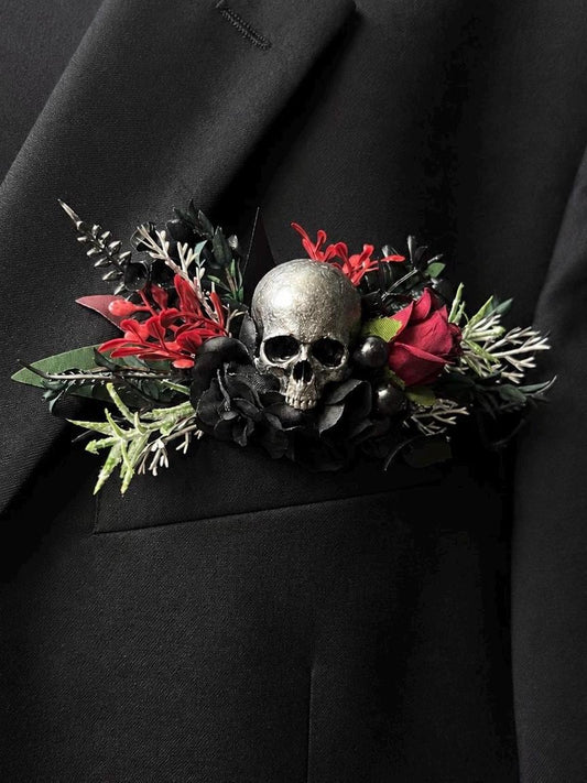 Black Burgundy Skull Pocket Boutonniere, Gothic Floral Wedding Square Boutonniere, Groomsmen Silver Skull Halloween Boutonnière