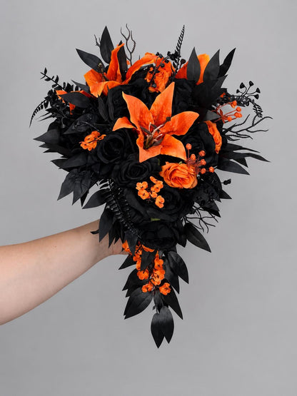 Black Orange Wedding Bouquet, Bridal Cascading Gothic Bouquet, Black Orange Cascade Bouquet, Halloween Bridesmaids Flowers,Artificial Flower