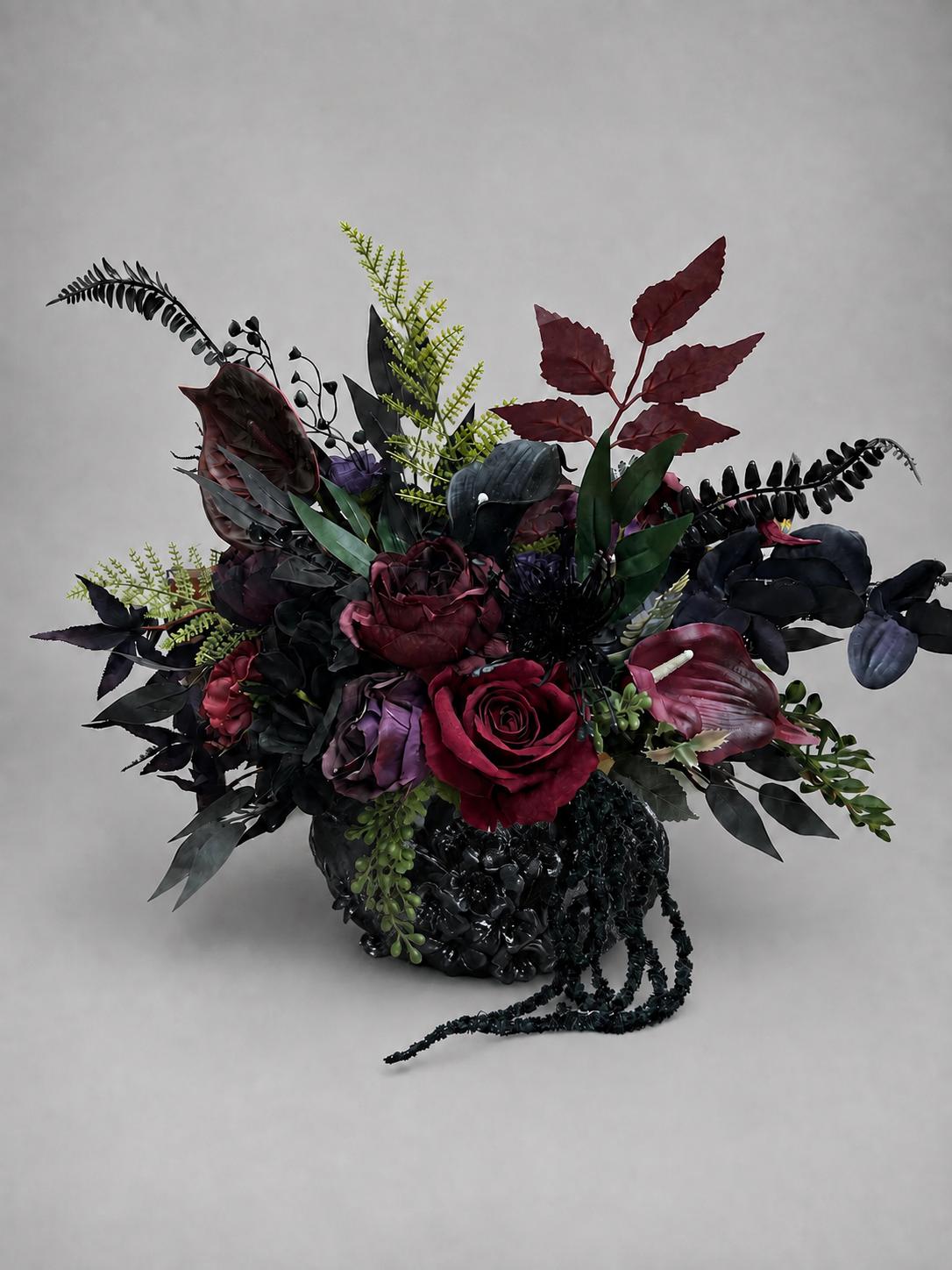 Gothic Floral Arrangement, Black Burgundy Wedding Centerpiece, Dark Romantic Home Decor, Moody Plum Black Flowers, Halloween Decor Table