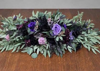 Black Purple Centerpiece, Wedding Plum Violet Table Decor, Sage Green Eucalyptus Table Centerpiece, Deep Purple Black Halloween Flowers