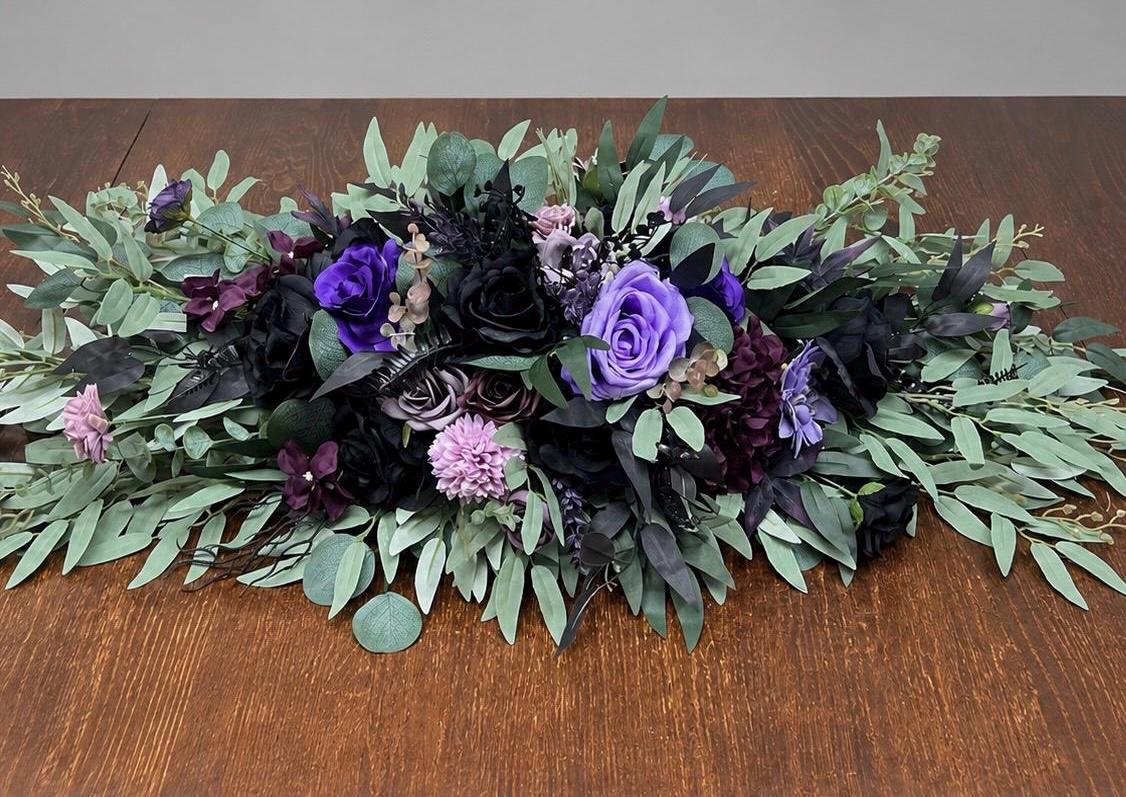 Black Purple Centerpiece, Wedding Plum Violet Table Decor, Sage Green Eucalyptus Table Centerpiece, Deep Purple Black Halloween Flowers