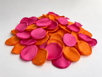 Orange Pink Petals, Wedding Aisle Rose Petals, Satin Flower Petals, Flower Girl Hot Pink Petals, Fuchsia Bright Orange Ceremony Decor Petals