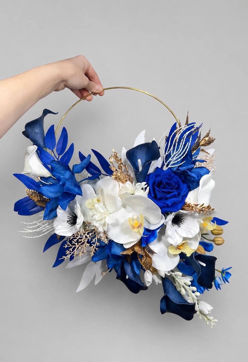 Blue White Gold Floral Hoop, Wedding Bridesmaids Royal Blue White Alternative Bouquet, Wizard Floral Ring Bouquet Magical, Artificial Flower