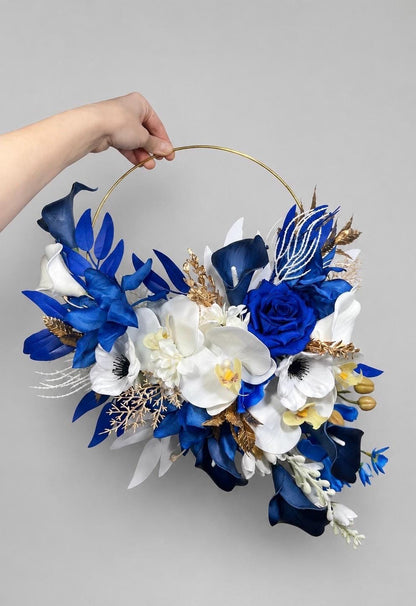 Blue White Gold Floral Hoop, Wedding Bridesmaids Royal Blue White Alternative Bouquet, Wizard Floral Ring Bouquet Magical, Artificial Flower
