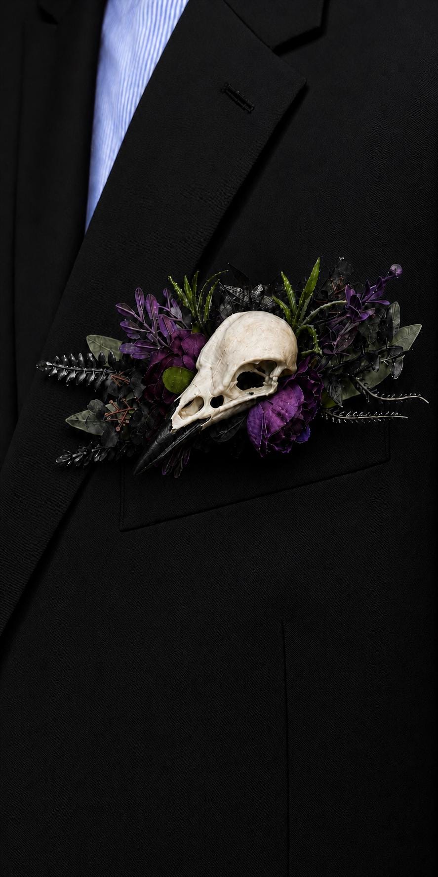 Purple Raven Skull Pocket Boutonniere, Gothic Floral Wedding Square Boutonniere, Black Plum Boutonnière Crow Skull, Halloween Spooky Wedding
