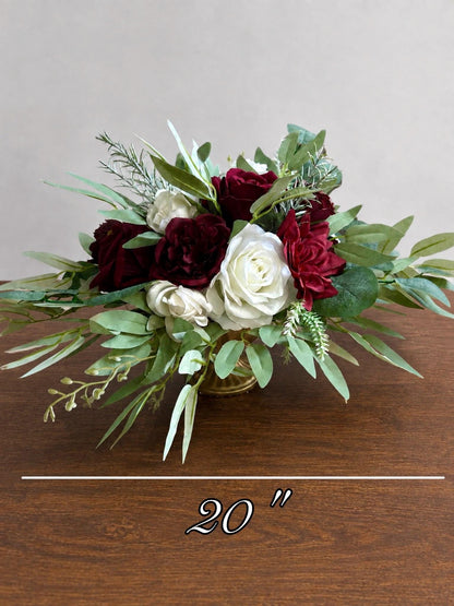 White Burgundy Wedding Centerpiece, Table Decor Winter Flowers, Tablle Centerpiece Christmas White Roses Maroon, Sweetheart Table Reception