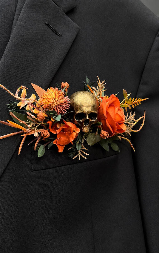 Terracotta Skull Pocket Boutonniere, Wedding Fall Square Boutonniere, Groomsmen Burnt Orange Pocket Boutonnière Skull Halloween