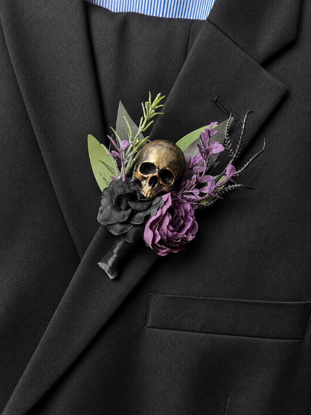 Black Burgundy Skull Pocket Boutonniere, Gothic Floral Wedding Square Boutonniere, Groomsmen Silver Skull Halloween Boutonnière