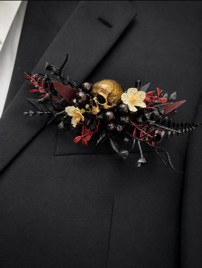 Terracotta Skull Pocket Boutonniere, Wedding Fall Square Boutonniere, Groomsmen Burnt Orange Pocket Boutonnière Skull Halloween