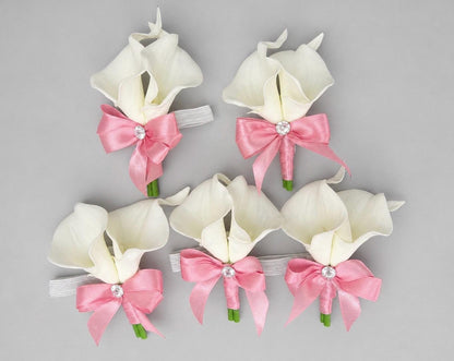 Calla Boutonniere Corsage White Wedding Wrist Bridesmaids Corsage Prom Ivory Calla Lily Baby Breath Real Touch Wristlet Artiticial Flower