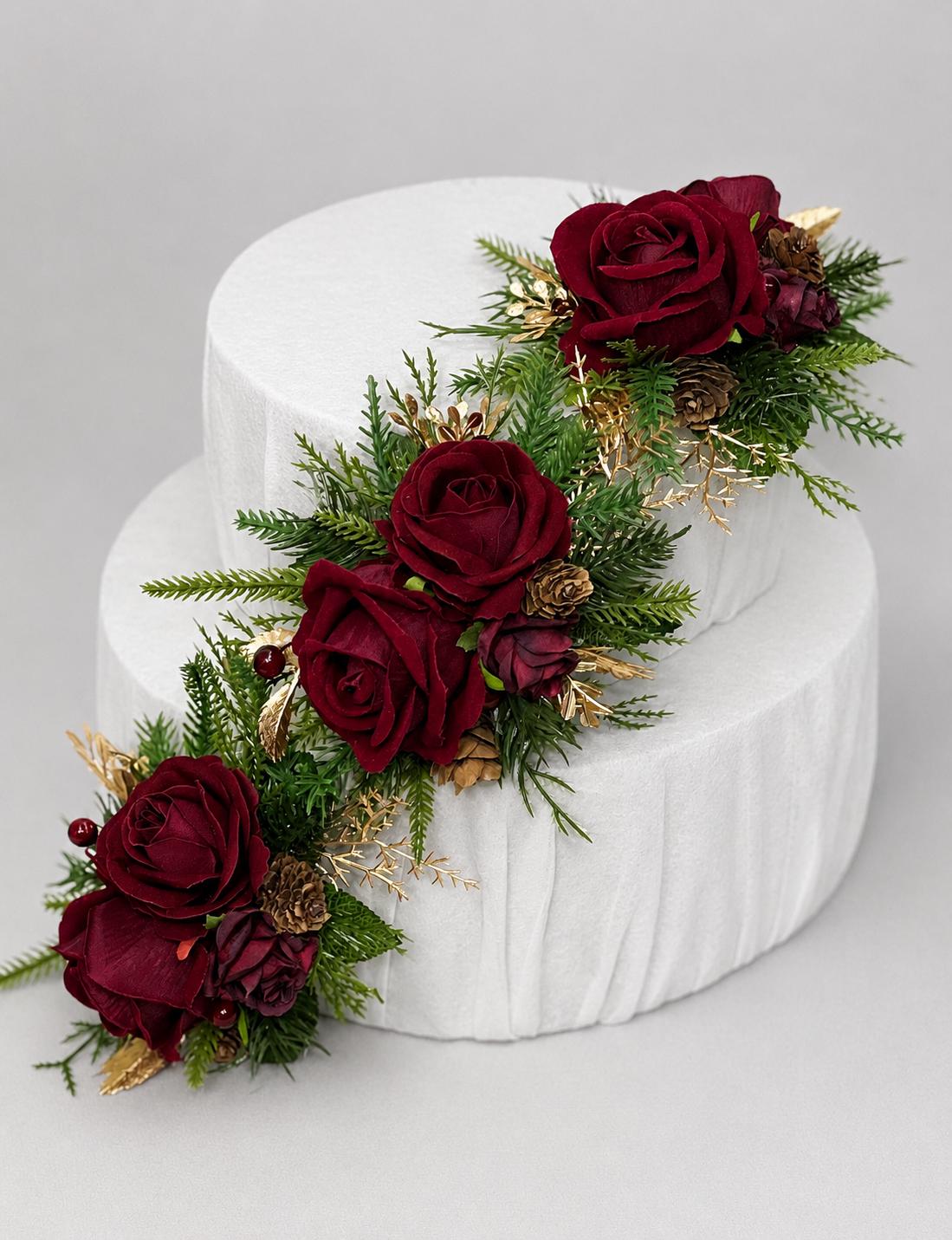 Christmas Cake Decoration Wedding Burgundy Cake Artificial Flowers Wine Red Gold Pine Cones Evergreen Cake Arrangement Decor Silk Flowers