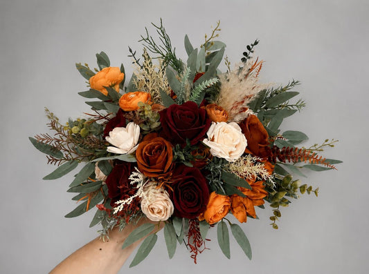 Bridal Bouquet with Burgundy and Rust Orange Flowers, Burgundy and Terracotta Bridesmaid Bouquet, Terracotta Wedding Faux Bouquet Reddit