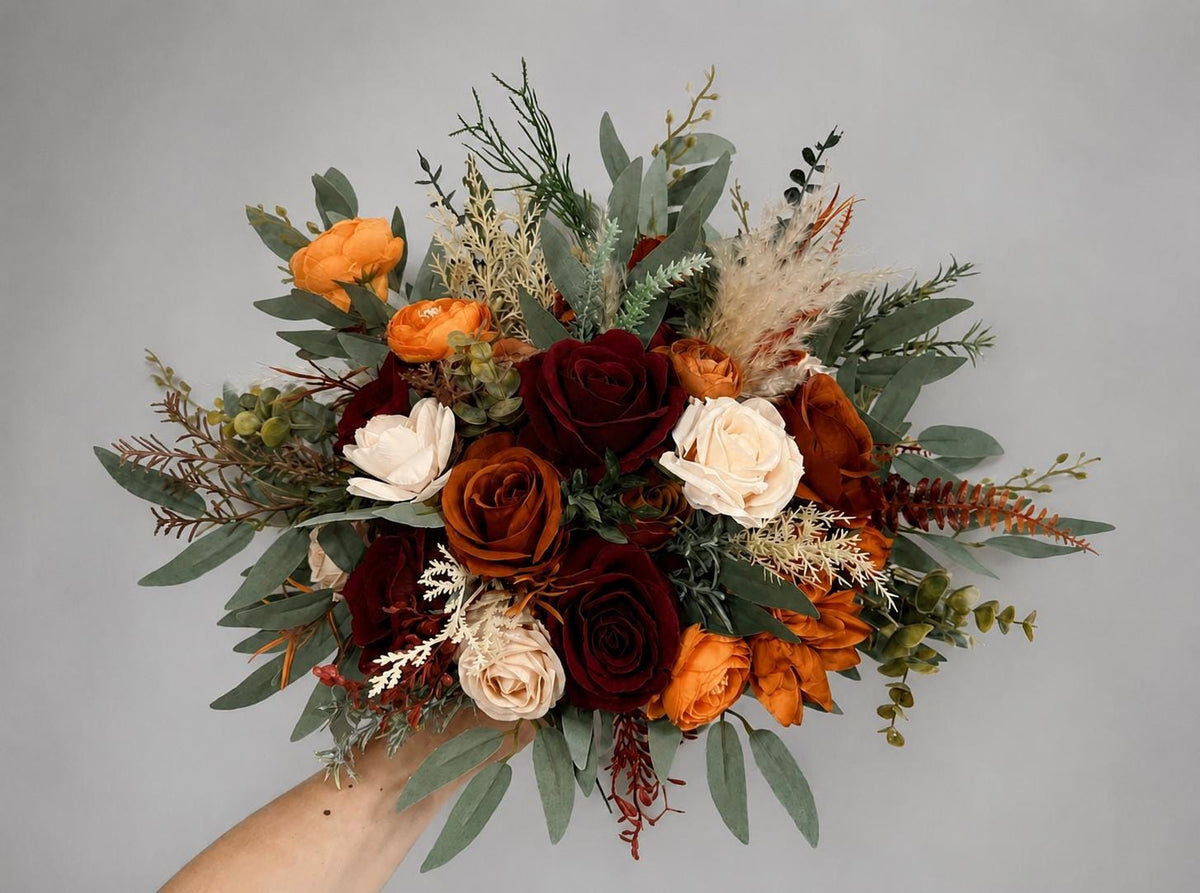 Bridal Cascading Bouquet with Burgundy and Rust Orange Flowers, Burgundy Terracotta Cascade Bouquet, Fall Bridesmaids Flowers