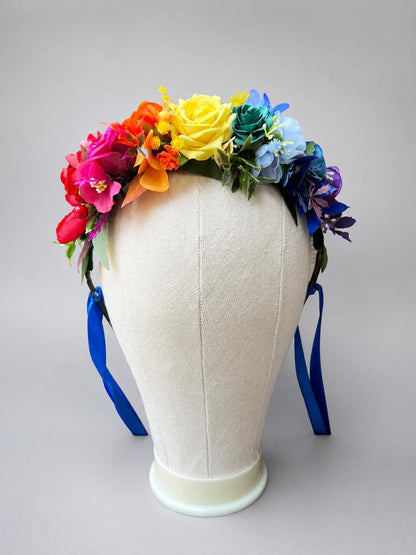 Rainbow Flower Crown, Colorful Floral Crown, Pride Flower Headband, Wedding Hair Accessory, Festival Headpiece, Rainbow Bridal Crown