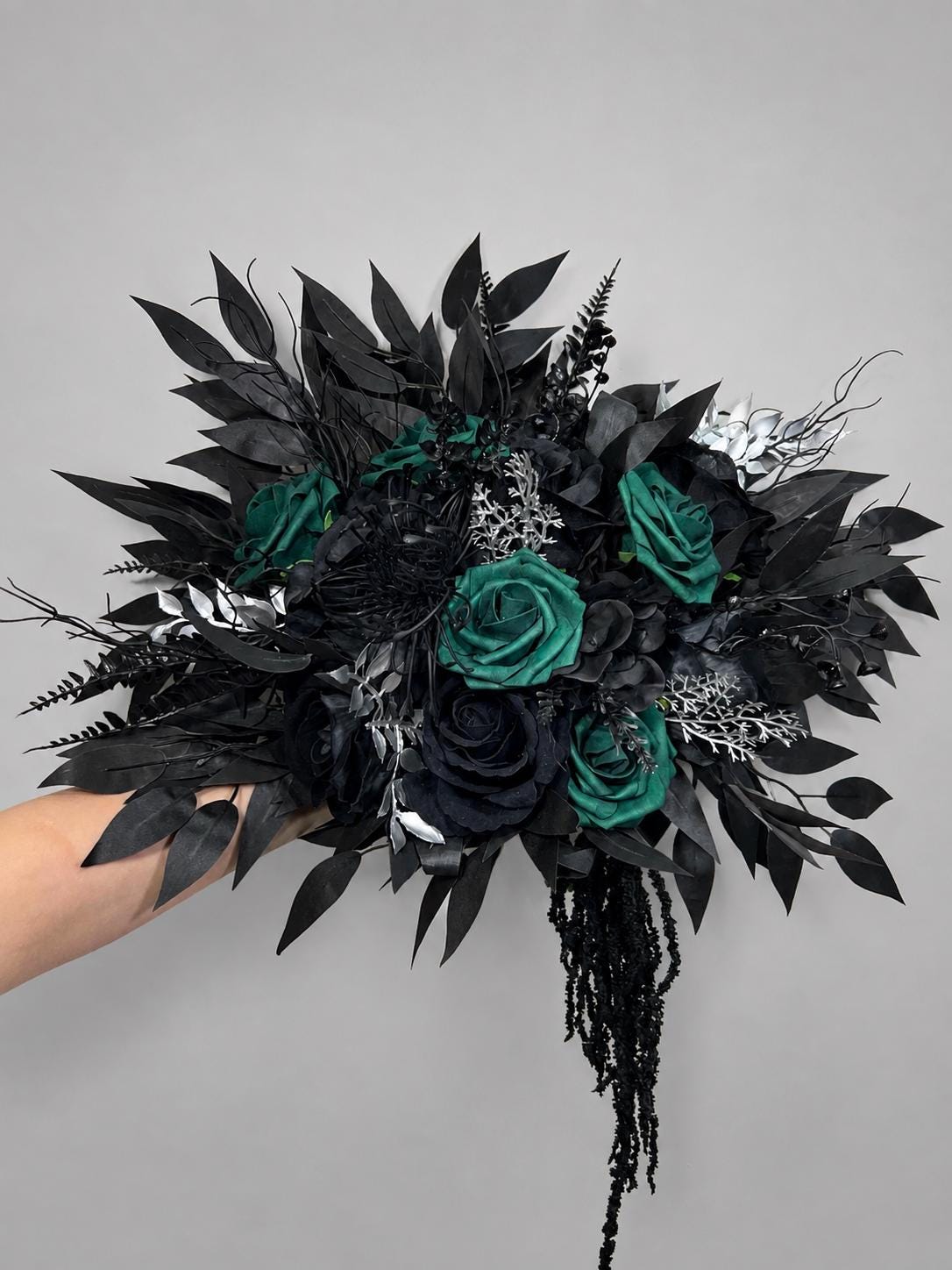 Black Emerald Green Wedding Bouquet, Gothic Bridal Bouquet, Black Wedding Flowers, Dark Green Silver Bouquet, Bridesmaids Black Green Flower