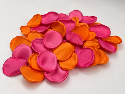 Orange Pink Petals, Wedding Aisle Rose Petals, Satin Flower Petals, Flower Girl Hot Pink Petals, Fuchsia Bright Orange Ceremony Decor Petals