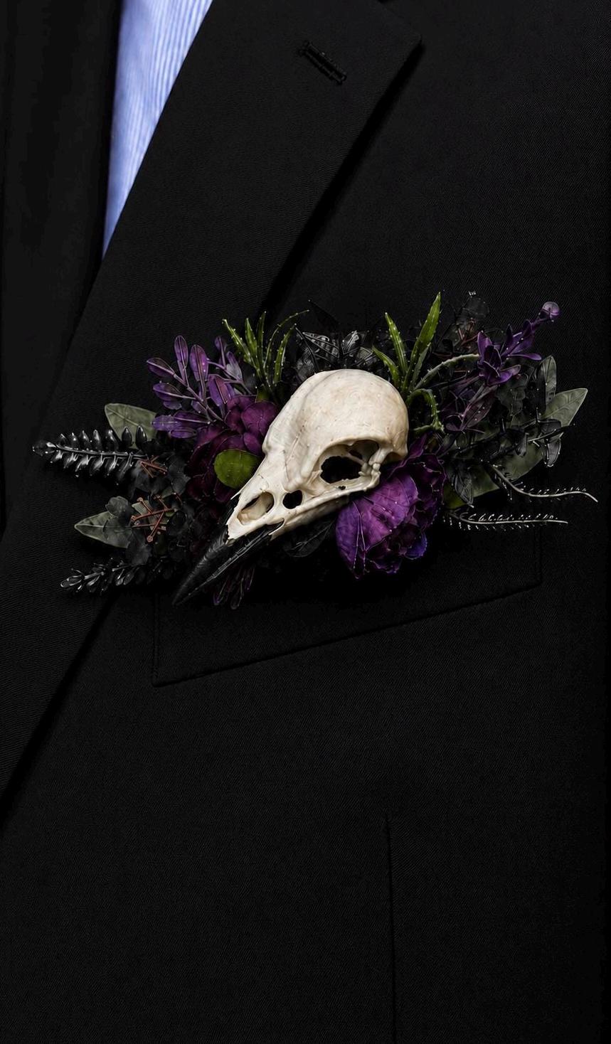 Purple Raven Skull Pocket Boutonniere, Gothic Floral Wedding Square Boutonniere, Black Plum Boutonnière Crow Skull, Halloween Spooky Wedding