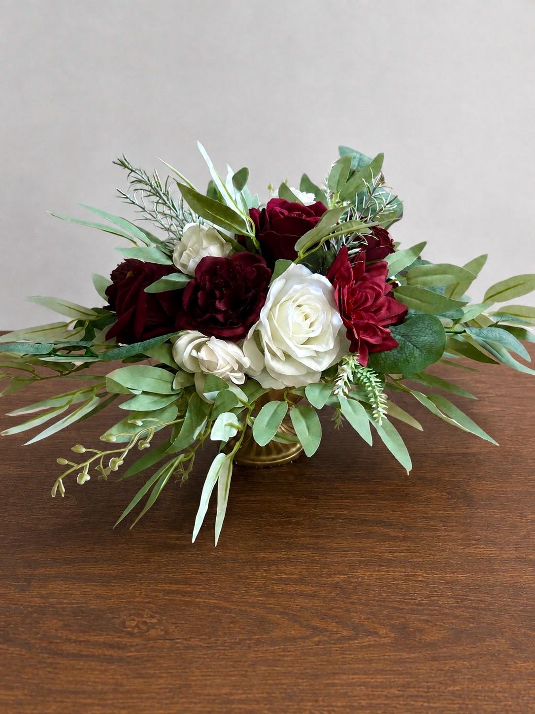 White Burgundy Wedding Centerpiece, Table Decor Winter Flowers, Tablle Centerpiece Christmas White Roses Maroon, Sweetheart Table Reception