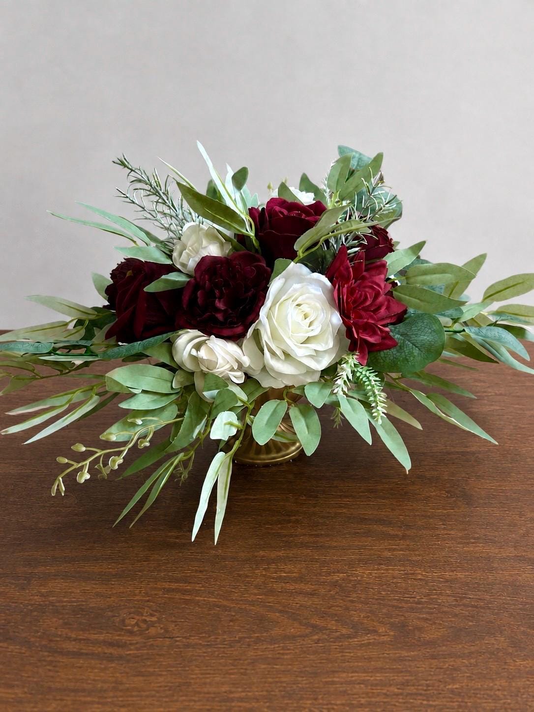 White Burgundy Wedding Centerpiece, Table Decor Winter Flowers, Tablle Centerpiece Christmas White Roses Maroon, Sweetheart Table Reception