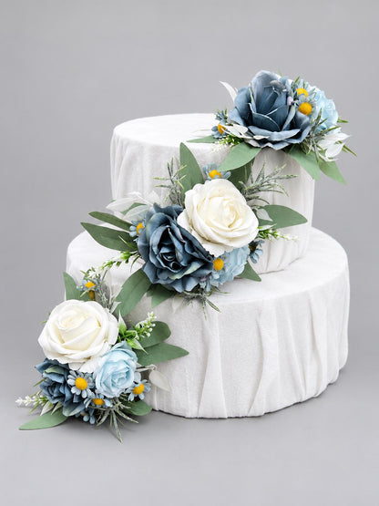 Dusty Blue Wedding Cake Flowers, Blue White Cake Decor, Artificial Floral Cake Topper, Ivory Dusty Blue Cake Decorations