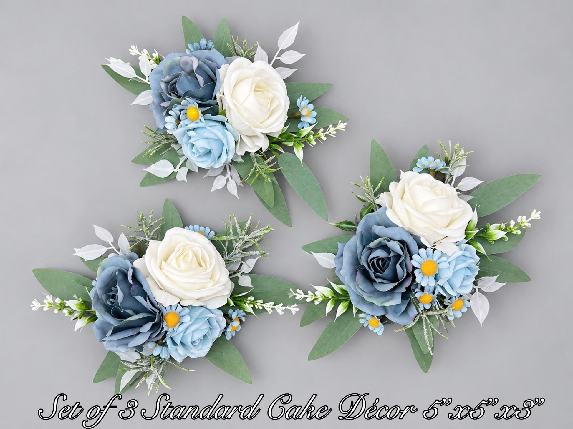 Dusty Blue Wedding Cake Flowers, Blue White Cake Decor, Artificial Floral Cake Topper, Ivory Dusty Blue Cake Decorations