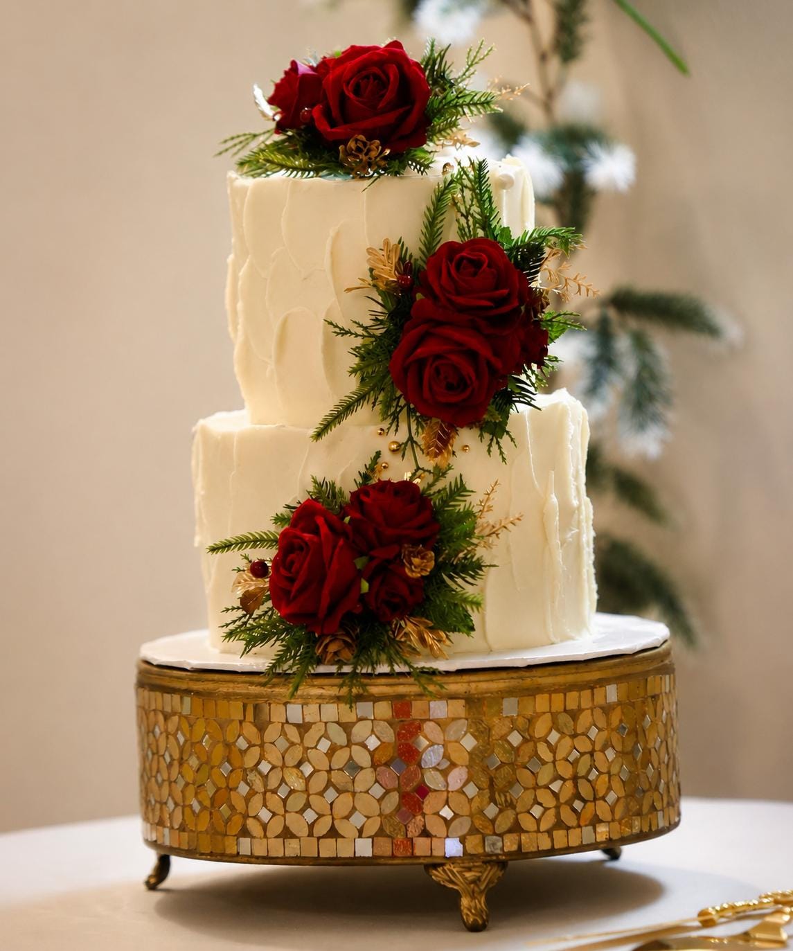 Christmas Cake Decoration Wedding Burgundy Cake Artificial Flowers Wine Red Gold Pine Cones Evergreen Cake Arrangement Decor Silk Flowers