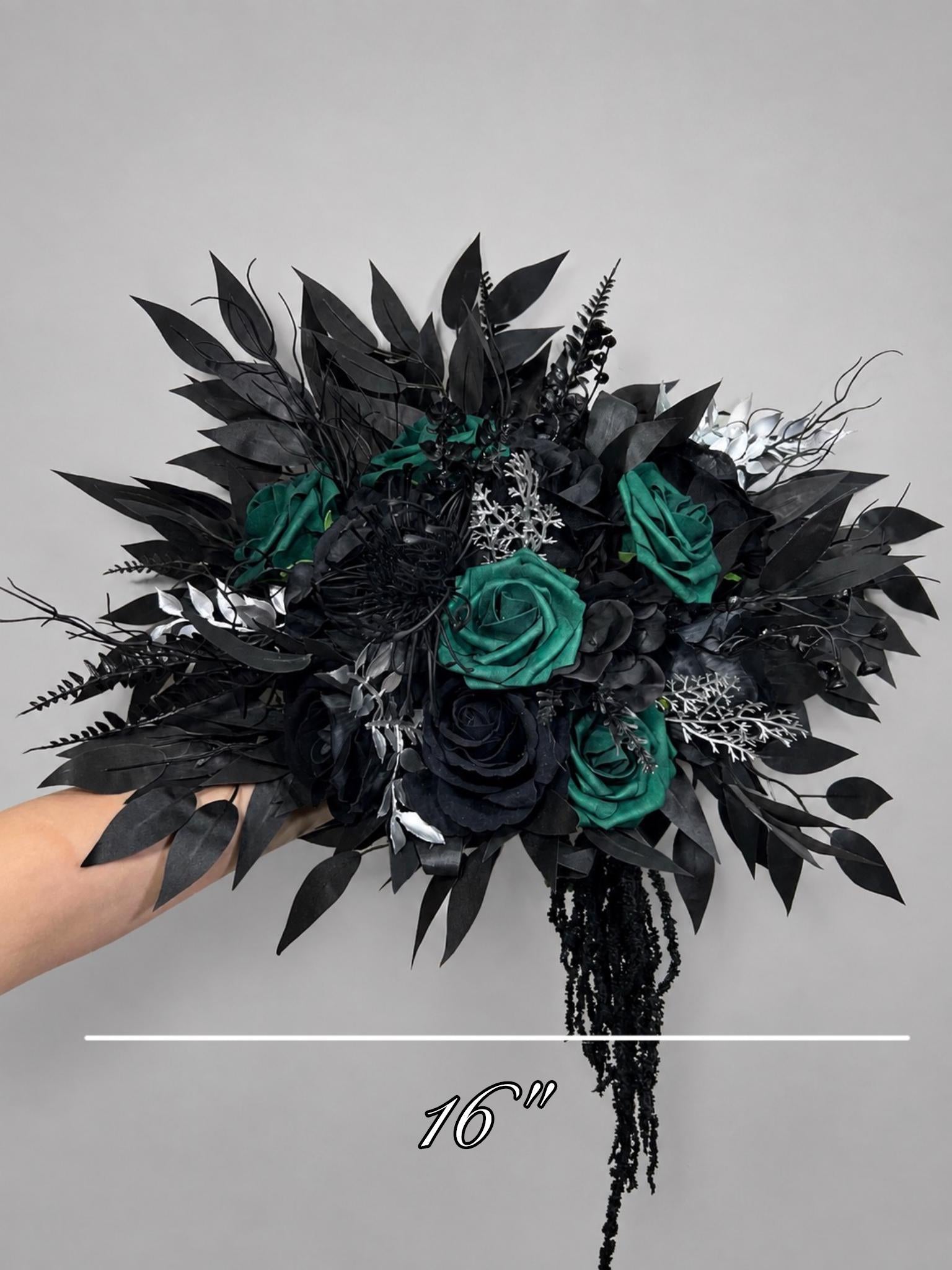 Black Emerald Green Wedding Bouquet, Gothic Bridal Bouquet, Black Wedding Flowers, Dark Green Silver Bouquet, Bridesmaids Black Green Flower