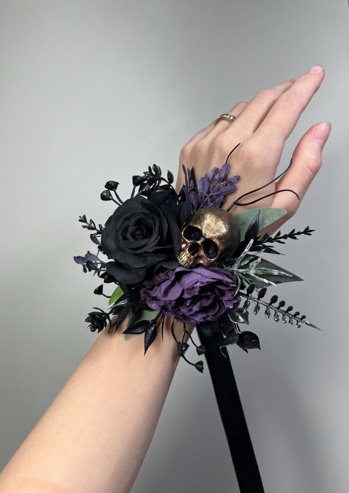 Purple Skull Wrist Corsage, Gothic Floral Wedding Corsage Skull, Halloween Gold Skull Wristlet Floral, Black Plum Corsage Bridesmaids