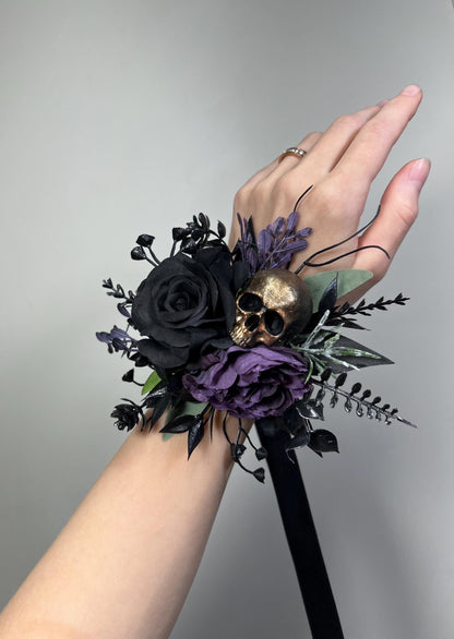 Purple Skull Wrist Corsage, Gothic Floral Wedding Corsage Skull, Halloween Gold Skull Wristlet Floral, Black Plum Corsage Bridesmaids