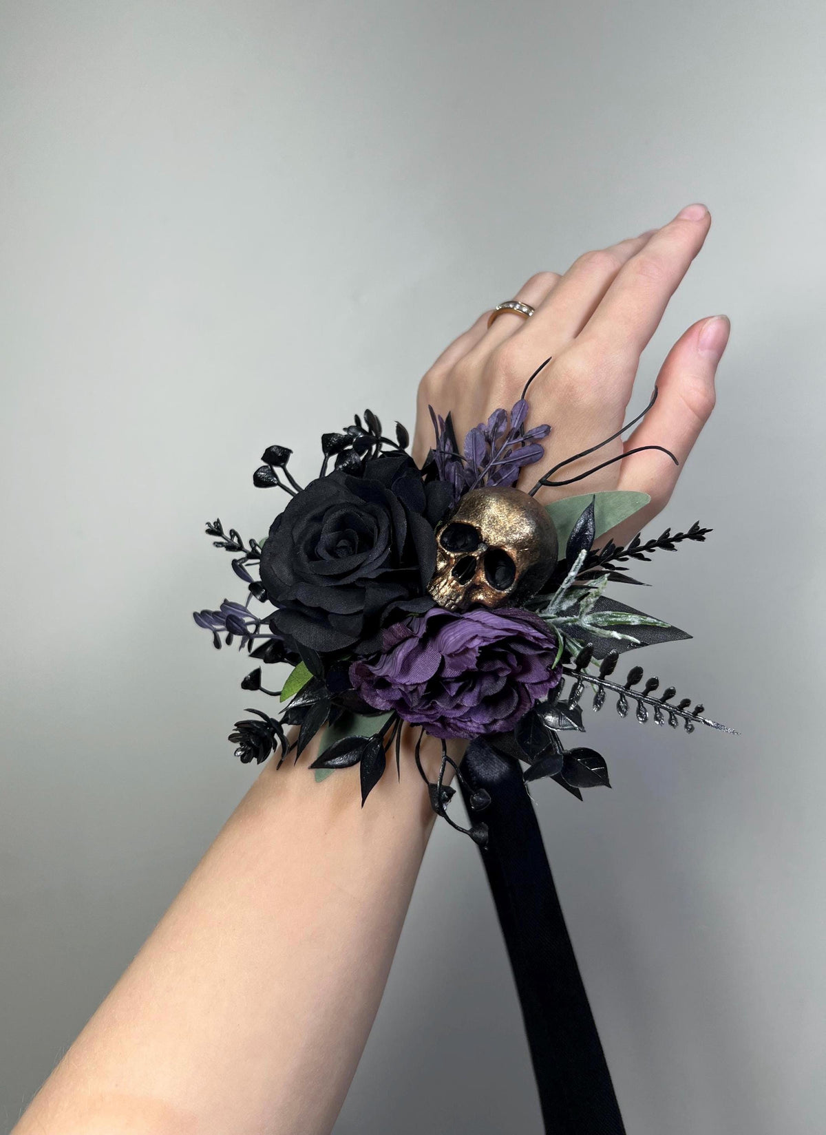 Purple Skull Wrist Corsage, Gothic Floral Wedding Corsage Skull, Halloween Gold Skull Wristlet Floral, Black Plum Corsage Bridesmaids