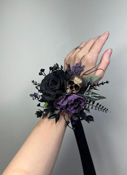 Purple Skull Wrist Corsage, Gothic Floral Wedding Corsage Skull, Halloween Gold Skull Wristlet Floral, Black Plum Corsage Bridesmaids