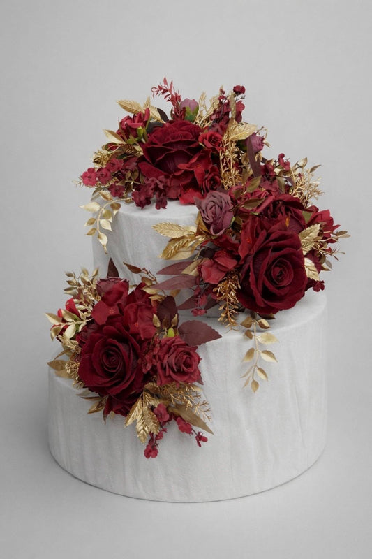 Burgundy Gold Cake Flowers, Wedding Dark Red Roses Cake Topper, Maroon Cake Arrangements Artificial Flowers Reddit