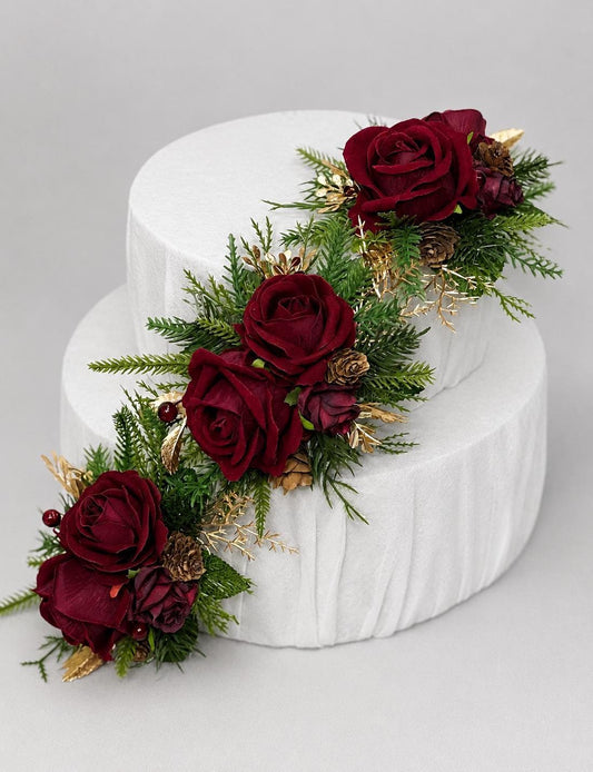 Burgundy Rose Christmas Cake Decor, Winter Wedding Cake Flowers, Pine Cone Gold Holiday Cake Topper, Artificial Flowers for Cake Decor