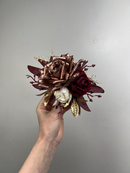 Rose Gold Cake Decor Burgundy Flower Artificial Wedding Rose Gold Cake Topper Flowers Maroon Ivory Decor Cake Flower Arrangement Wine Red