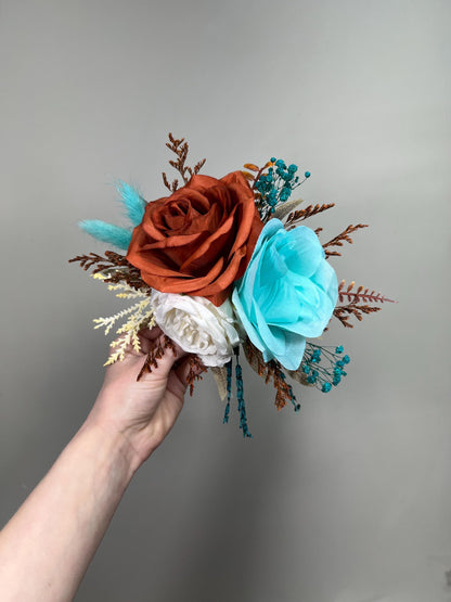 Burnt Orange Turquoise Cake Flowers, Rust Teal Blue Wedding Cake Decor, Boho Cake Topper Flowers, Fall Wedding Cake Floral Arrangement