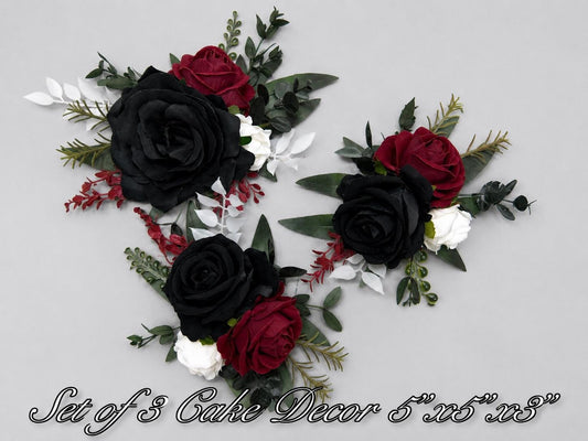 Black Burgundy White Cake Decoration Wedding Flower Artificial Maroon Black Topper Cake Decor Wine Red Ivory Black Gothic Cake Arrangement