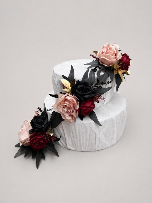 Black Dusty Rose Cake Decor, Wedding Burgundy Gold Gothic Cake Topper, Blush Pink Black Cake Flowers Artificial, Cake Arrangements Floral