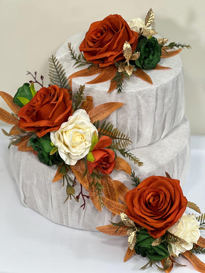 Rust Cake Decor Flower Wedding Terracotta Green Ivory Cake Arrangements Artificial Flower Emerald Green Burnt Orange Champagne Flower Cake