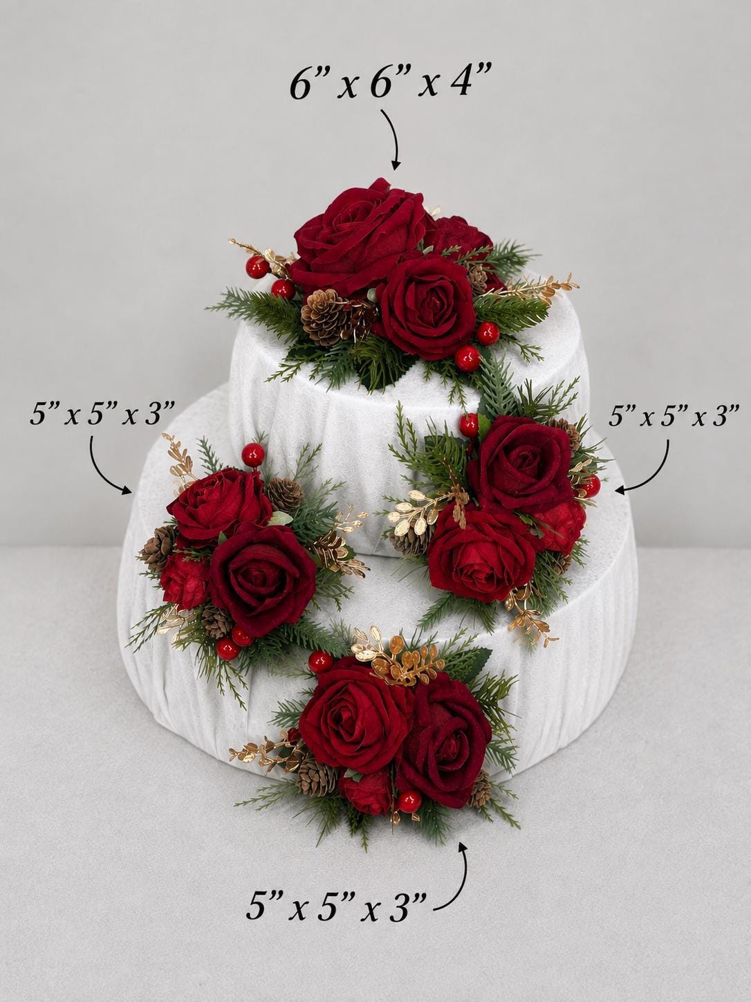 Red Rose Christmas Cake Decor, Winter Wedding Cake Flowers, Pine Cone Gold Holiday Cake Topper, Red Artificial Flowers for Cake Decor