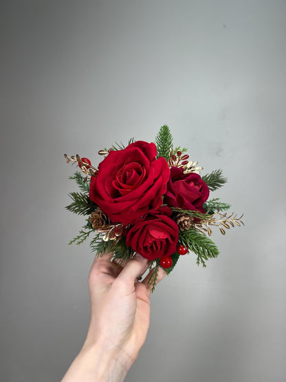 Red Rose Christmas Cake Decor, Winter Wedding Cake Flowers, Pine Cone Gold Holiday Cake Topper, Red Artificial Flowers for Cake Decor