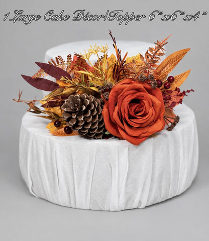 Fall Cake Decoration Wedding Burnt Orange Cake Flower Arrangement Pine Cone Rustic Cake Decor Artificial Flowers Terracotta Floral Cake