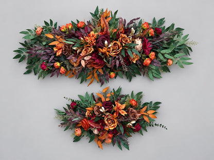 Burgundy Burnt Orange Wedding Arch Flowers, Wine Red Terracotta Floral Swag, Rust Maroon Backdrop Arbor Arrangement, Autumn Ceremony Flowers