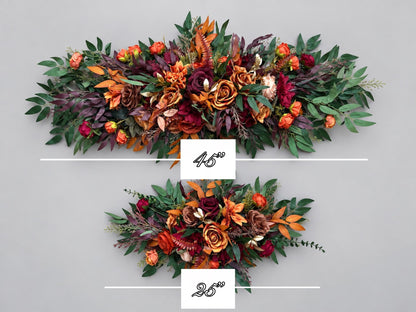 Burgundy Burnt Orange Wedding Arch Flowers, Wine Red Terracotta Floral Swag, Rust Maroon Backdrop Arbor Arrangement, Autumn Ceremony Flowers