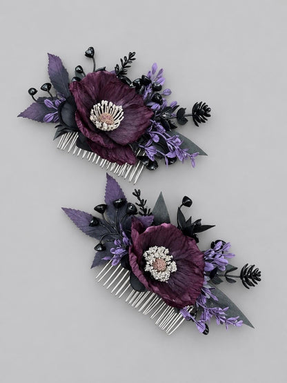 Plum Black Hair Pins, Wedding Gothic Hair Accessories, Plum Poppy Floral Hair Pins, Bridal Hair Flowers Dakr Purple Black
